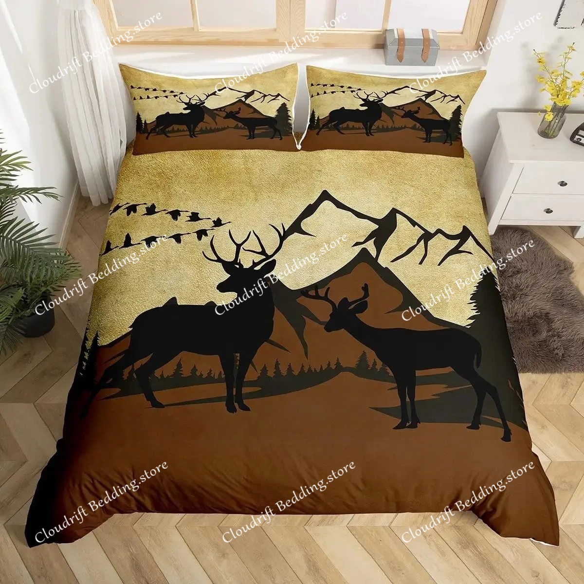 Hunting And Camping In Forest - Deer Elk Duvet Cover King Queen