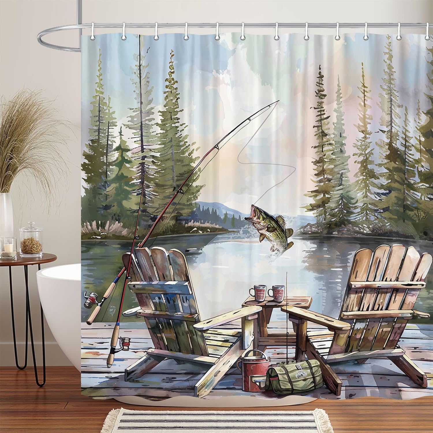 Rustic Fishing Shower Curtain, - огляд і ціна Hunting And Camping In Forest