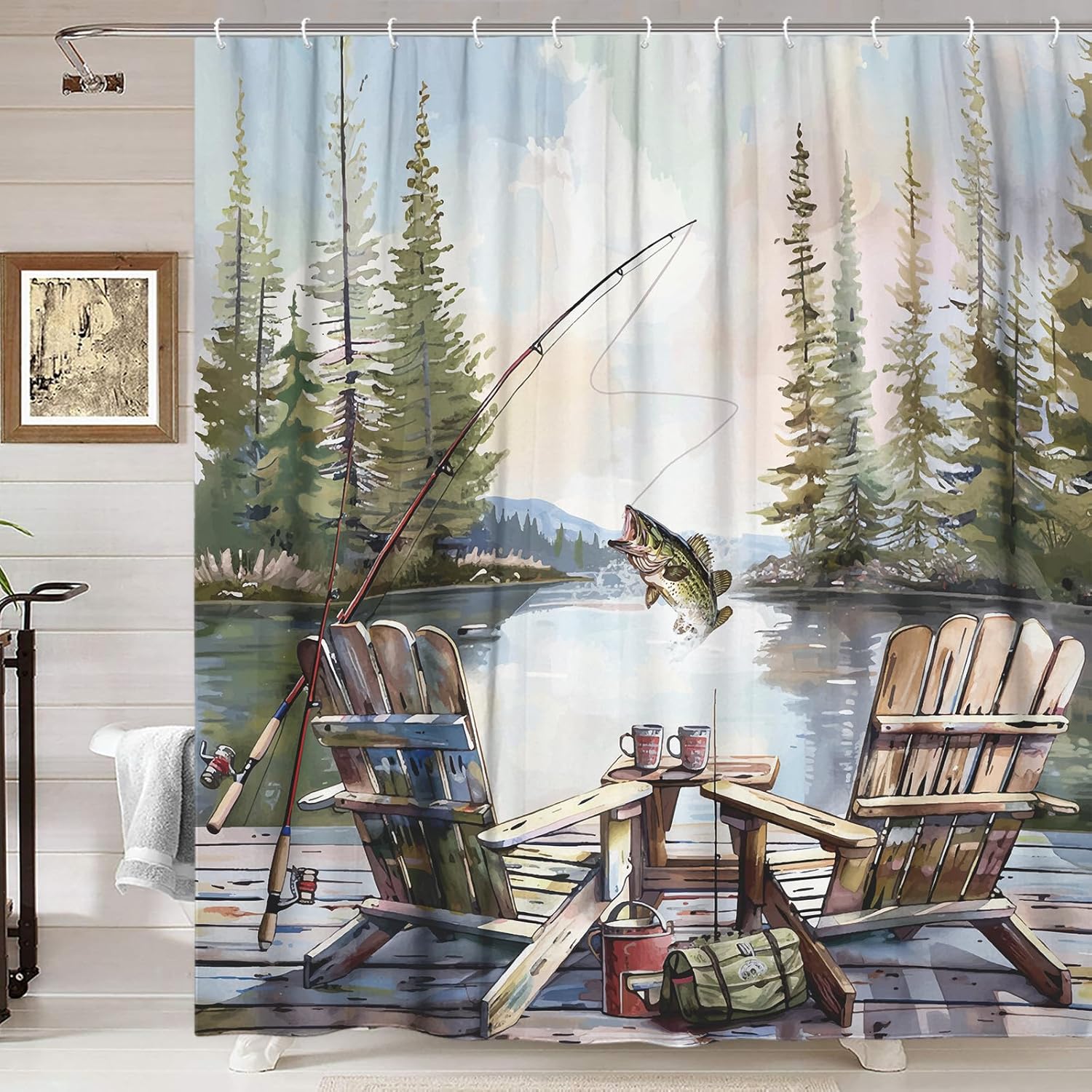 Rustic Fishing Shower Curtain, - огляд і ціна Hunting And Camping In Forest