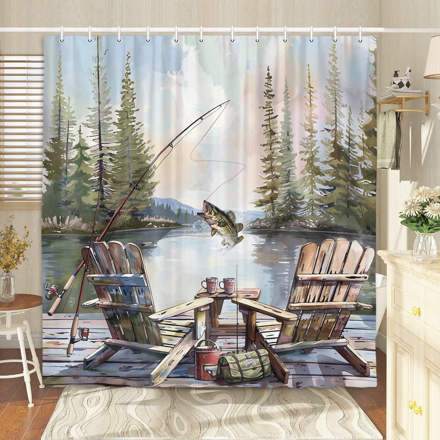 Rustic Fishing Shower Curtain, - огляд і ціна Hunting And Camping In Forest