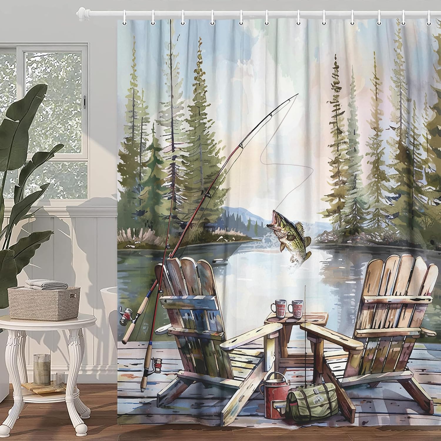 Rustic Fishing Shower Curtain, - огляд і ціна Hunting And Camping In Forest